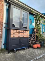 Teakhouten vitrinekast mat zwart  gezandstraald, Ophalen, 100 tot 150 cm, 200 cm of meer, Teakhout