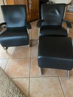 2 leren fauteuils met voeten bankje, Ophalen, Gebruikt, Twee, Zwart