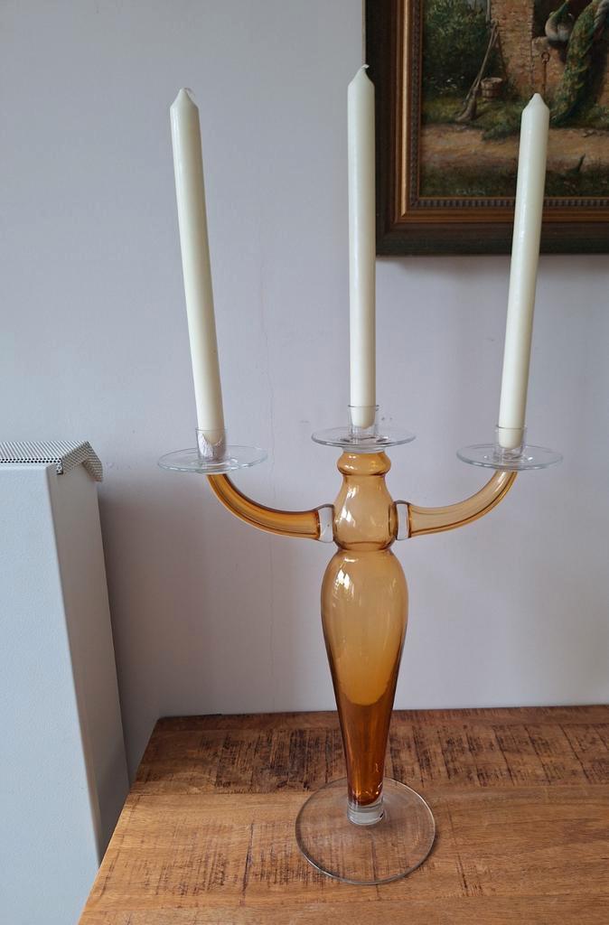 Design Glaskunst Kandelaar - amber tint handgemaakt!, Antiek en Kunst, Kunst | Designobjecten, Ophalen