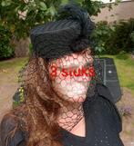 3x zwart dames hoedje met voile en veer, Ophalen of Verzenden, Zo goed als nieuw, One size fits all, Hoed