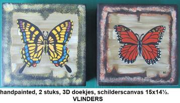 VLINDERS, handgeschilderd, 3D canvas doekjes, 15x14½ cm. 