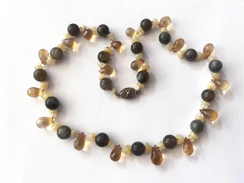 Ketting Art deco stijl labradoriet opaal citrien briolette, Verzenden, Zo goed als nieuw, Met edelsteen, Goud