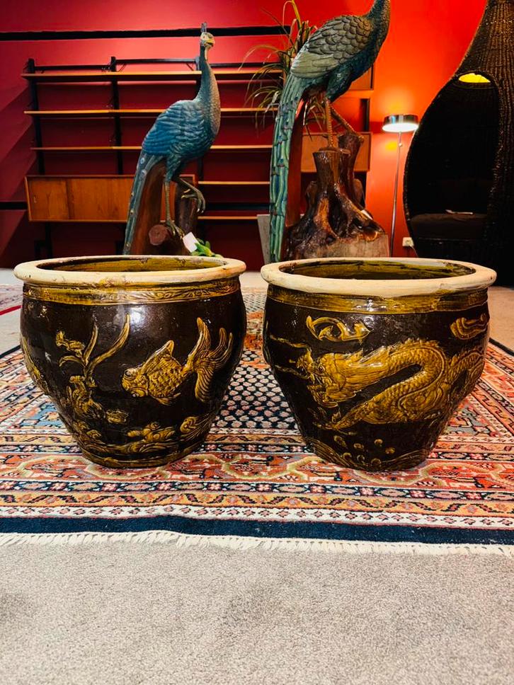 Set van twee grote vintage Chinese cachepotten bloempotten, Antiek en Kunst, Curiosa en Brocante, Ophalen