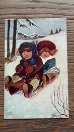 Op de slee de helling af. 2 kinderen op slee. 1909, Ophalen of Verzenden, Voor 1920, Kinderen