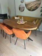 Eettafel ovaal mango hout + 3 stoelen + bankje., Ophalen, Zo goed als nieuw, Vijf personen of meer, Ovaal