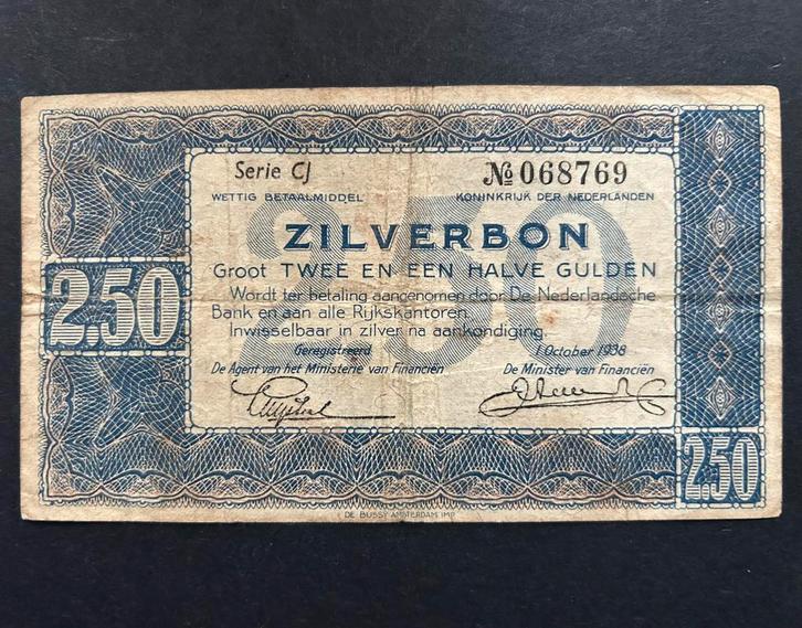 2,5 Gulden Zilverbon, 1938, Postzegels en Munten, Bankbiljetten | Nederland, Ophalen of Verzenden