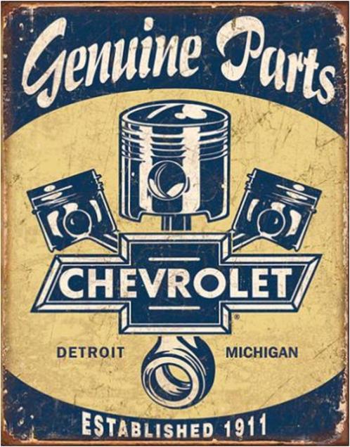 Chevrolet Genuine Parts & Pistons.   Metalen wandbord 31,5 x, Verzamelen, Merken en Reclamevoorwerpen, Nieuw, Reclamebord, Ophalen of Verzenden