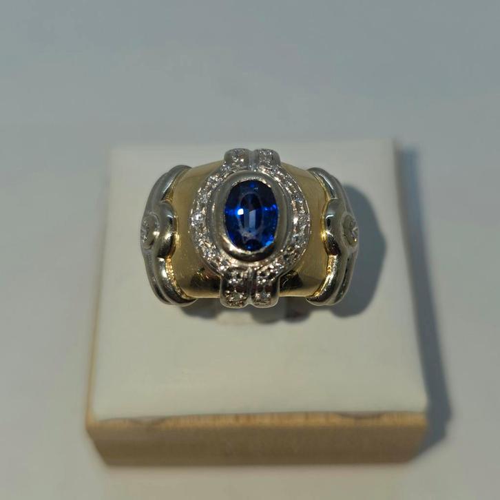 Gouden Ring 18k met Saffier en Diamanten 12gr, Sieraden, Tassen en Uiterlijk, Ringen, Zo goed als nieuw, Dame of Heer, 17 tot 18