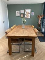 Teak eettafel met 6 leren stoelen, Huis en Inrichting, Tafels | Eettafels, Ophalen, Gebruikt, 50 tot 100 cm, Vijf personen of meer