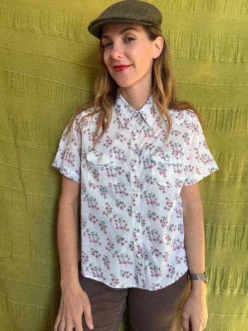 Vintage blouse, maat 36/S - wit - bloemetjes - katoen - 90's, Kleding | Dames, Blouses en Tunieken, Zo goed als nieuw, Maat 36 (S)