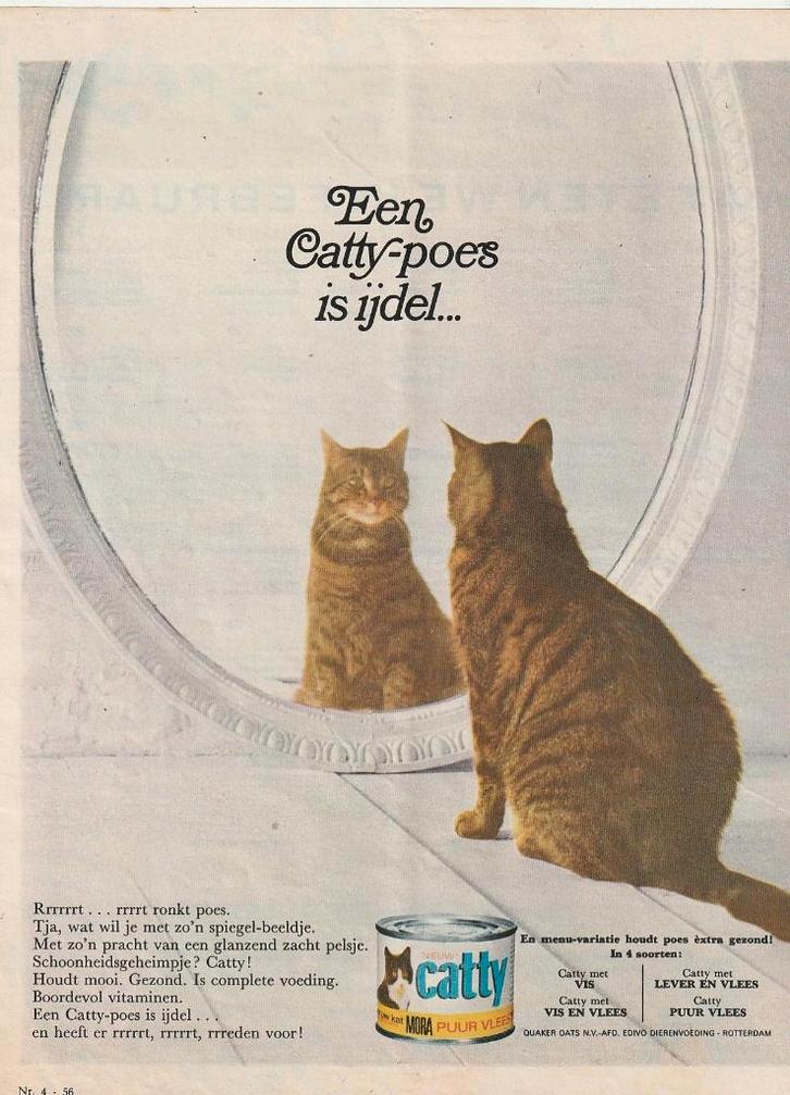 Retro reclame 1967 Catty kattenvoer poes in de spiegel, Verzamelen, Retro, Overige typen, Verzenden