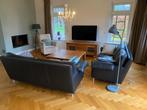 complete woonkamerinrichting zitbanken zwart leer kersenhout, Ophalen, Gebruikt, Metaal, Modern, zwart leer, kersenhout, rvs, glas, ziet er nog goed uit