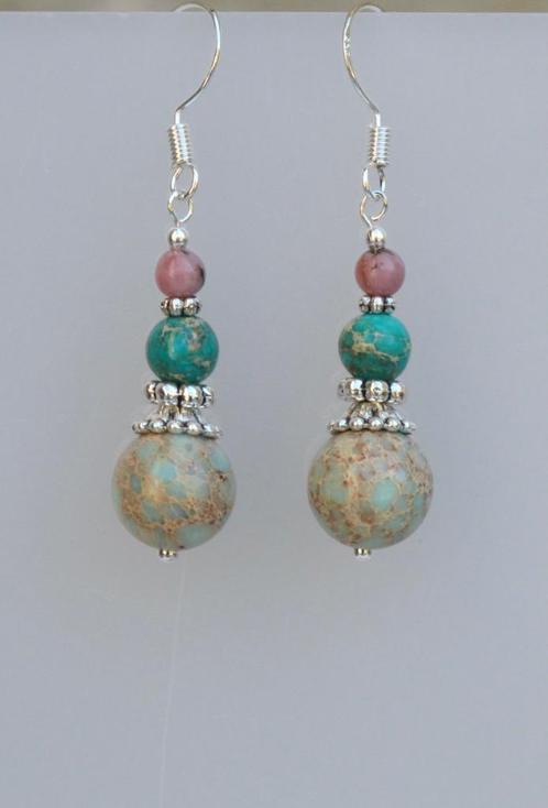 Prachtige oorbellen met sea sediment Jaspis en Rhodoniet, Sieraden, Tassen en Uiterlijk, Oorbellen, Nieuw, Hangers, Zilver, Groen