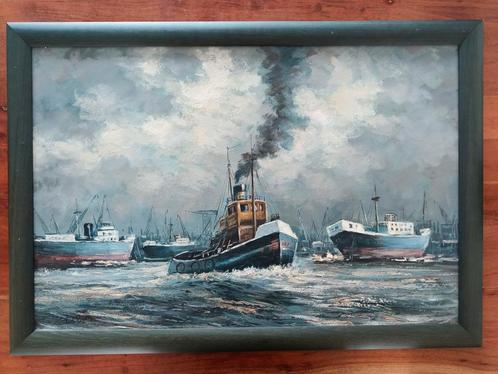Schilderij F. Van der Burg - Rotterdamse haven, Antiek en Kunst, Kunst | Schilderijen | Abstract, Ophalen