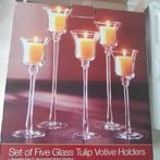 Set van 5 glazen tulp kaarsenhouders, Ophalen of Verzenden, Zo goed als nieuw, Overige materialen, 25 tot 50 cm