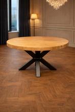 Eettafel met massief geborsteld eiken blad+stalen matrixpoot, Ophalen, Rond, Zo goed als nieuw, 100 tot 150 cm