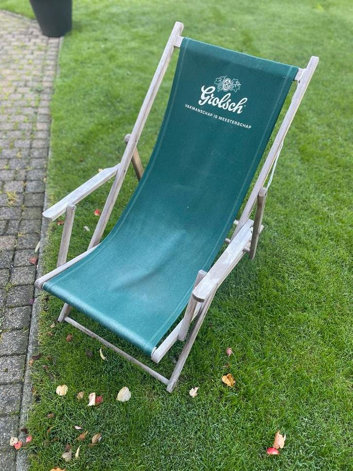 Grolsch Ligstoel - Houten Frame, Tuin en Terras, Ligbedden, Gebruikt, Hout, Inklapbaar, Ophalen of Verzenden