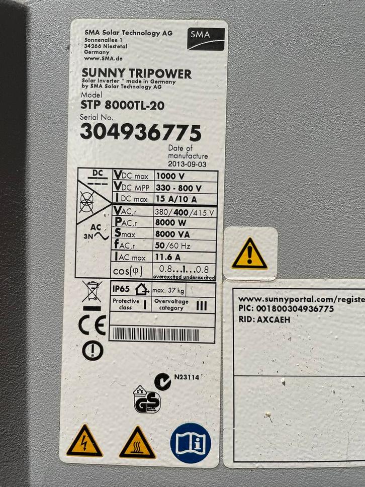 SMA Sunny Tripower STP 8000TL-20 Omvormer, Doe-het-zelf en Verbouw, Zonnepanelen en Toebehoren, Gebruikt, Paneel, 200 wattpiek of meer