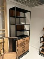 Teakhout open kast met 4 laden - zwart frame, Ophalen, Teakhout, Nieuw, 50 tot 100 cm