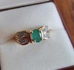 14 karaat gouden ring met smaragd en diamanten, Verzenden, Zo goed als nieuw, 18 tot 19, Goud