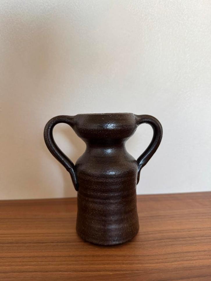 Vintage Vaas met Oren - Donkerbruin Keramiek Decoratie Objec, Antiek en Kunst, Antiek | Vazen, Ophalen of Verzenden