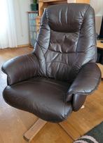 Draaistoel - Donkerbruin nepleer - Eiken onderstel, Huis en Inrichting, Fauteuils, Ophalen, Gebruikt, Hout, Modern