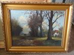 Schilderij Boeren tafereel, kar en boerderijtje., Antiek en Kunst, Kunst | Schilderijen | Klassiek, Ophalen