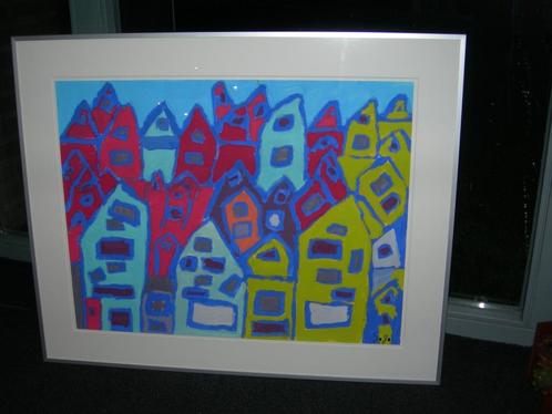 naief acryl huisjes roze azuur groen werk, alu lijst, Antiek en Kunst, Kunst | Schilderijen | Abstract, Ophalen of Verzenden