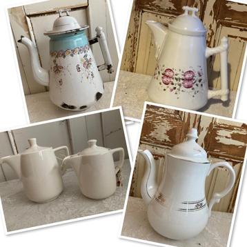 Brocante koffiepotten / emaille & porselein beschikbaar voor biedingen