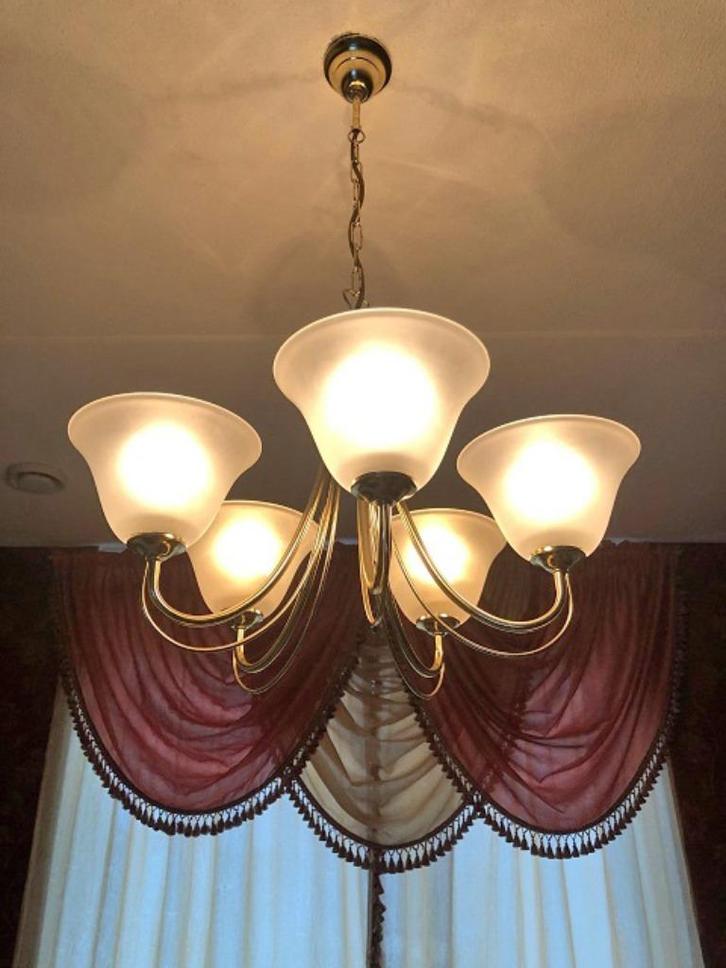 Kroonluchter / hanglamp klassiek art deco goud, glazen kap, Huis en Inrichting, Lampen | Kroonluchters, Glas, Metaal, Overige materialen