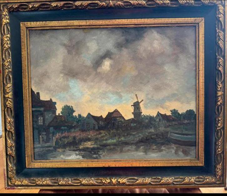 Schilderij: Hollands Landschap met Molen, Antiek en Kunst, Kunst | Schilderijen | Klassiek, Ophalen of Verzenden