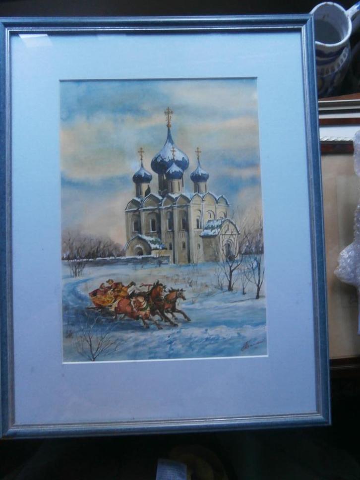 Mooi Russisch ?? Schild. sneeuw/Paarden, en Kerkje, Antiek en Kunst, Kunst | Niet-Westerse kunst, Ophalen