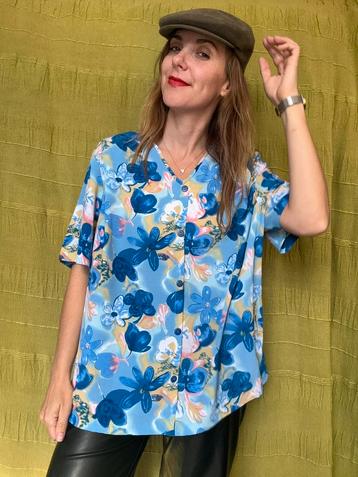 Vintage blouse / shirt - print - blauw - 44/46 beschikbaar voor biedingen