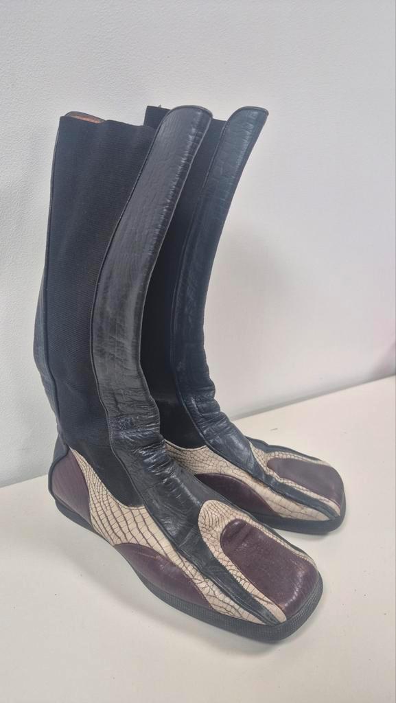Retro Leren Boots - Driekleurig Patchwork, Kleding | Dames, Schoenen, Gedragen, Hoge laarzen, Zwart, Ophalen of Verzenden