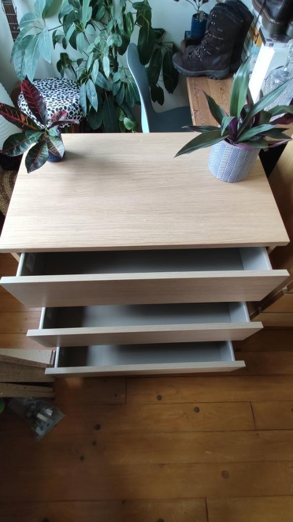 Ikea malm wit eikenfineer ladenkast met 3 lades, Huis en Inrichting, Kasten | Ladekasten, Gebruikt, Minder dan 100 cm, 50 tot 100 cm