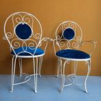 Brocante vintage smeedijzeren set stoelen met blauw velours, Ophalen of Verzenden