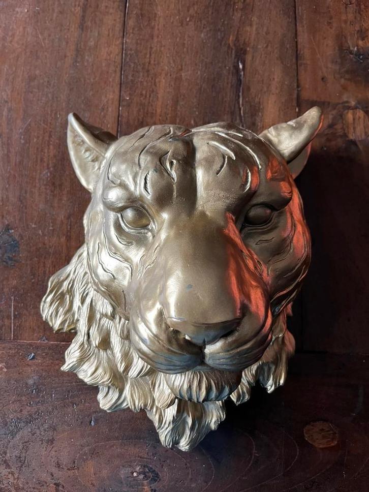 Gouden tijger kop, Verzamelen, Beelden en Beeldjes, Gebruikt, Dier, Ophalen of Verzenden