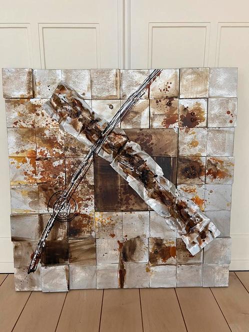 Groot kunstwerk abstract industrieel 120 x 120cm, Huis en Inrichting, Woonaccessoires | Wanddecoraties, Zo goed als nieuw, Ophalen