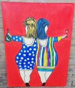 Dikke Dames aan de borrel. Acryl/doek. 60/80 cm., Ophalen, Zo goed als nieuw