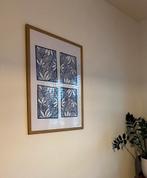 Grote lino print in kobalt blauw - in houtkleurige lijst, Antiek en Kunst, Ophalen of Verzenden