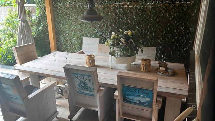 Tuinset hout groot, robuust 3 m, 8 persoons, Tuin en Terras, Tuinsets en Loungesets, Zo goed als nieuw, Tuinset, Steigerhout, 8 zitplaatsen