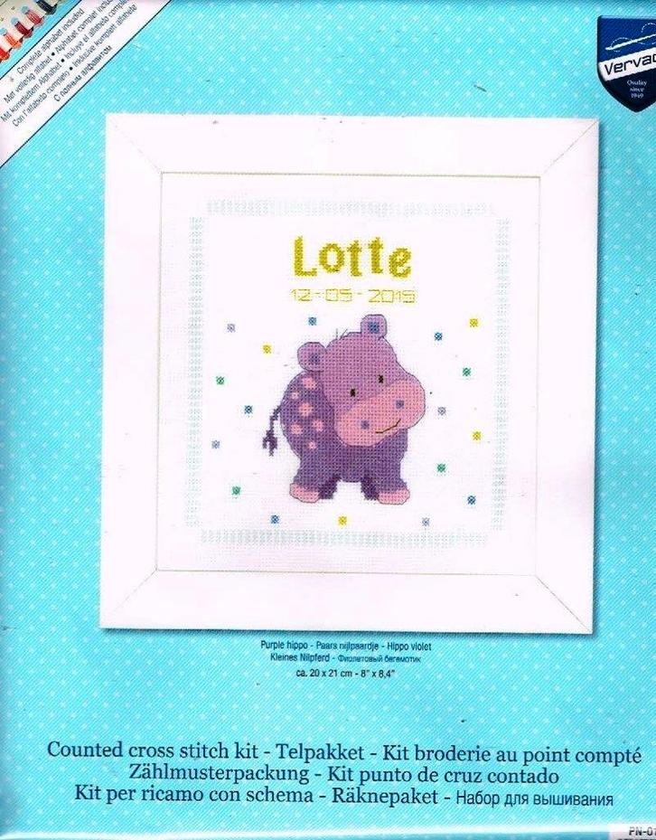 Cado vervaco borduurpakket geboorte paars nijlpaardje, Hobby en Vrije tijd, Borduren en Borduurmachines, Nieuw, Borduurpakket