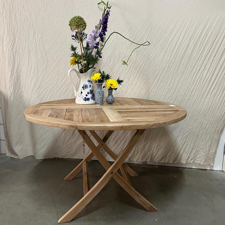 Tuintafel - opklapbaar - 120 cm - massief teak - TTM Wonen, Tuin en Terras, Tuintafels, Nieuw, Rond, Teakhout, Ophalen of Verzenden