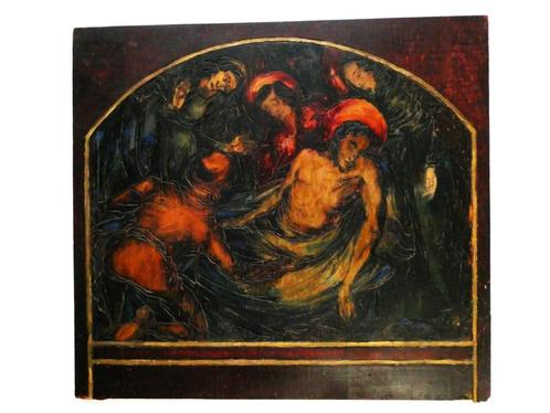 Icoon kruisafneming Jezus Christus gekerfd schilderij 1929, Antiek en Kunst, Antiek | Religie, Ophalen of Verzenden