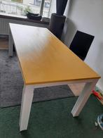 Houten eettafel Jan Des Bouvrie 6p wit/oker, 200 cm of meer, 50 tot 100 cm, Gebruikt, Rechthoekig