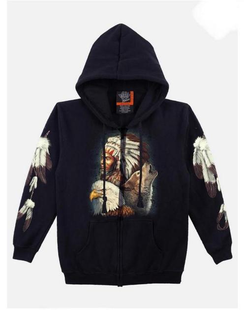 hoodie met rits, indiaan, wolf, adelaar, western, man, biker, Kleding | Heren, Truien en Vesten, Nieuw, Overige maten, Zwart, Ophalen of Verzenden