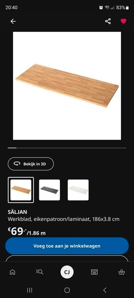 Ikea Säljan aanrechtblad, eiken, 186x60x3,8cm, Huis en Inrichting, Keuken | Keukenelementen, Nieuw, Minder dan 100 cm, 150 tot 200 cm