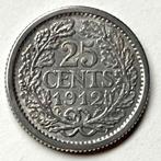 Nederlands Wilhelmina kwartje uit 1912 (64% zilver), Postzegels en Munten, Munten | Nederland, Zilver, 25 cent, Ophalen of Verzenden