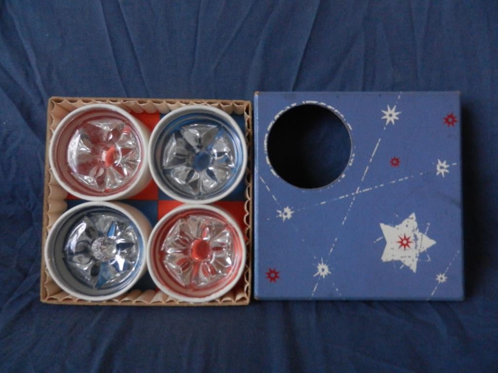 Vier glas sterkandelaars in doos Floris Meydam Leerdam 1955, Antiek en Kunst, Antiek | Glas en Kristal, Ophalen of Verzenden