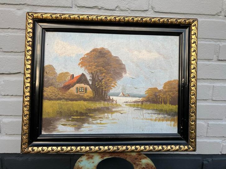 Schilderij: Boerderijlandschap, Antiek en Kunst, Kunst | Schilderijen | Klassiek, Ophalen of Verzenden